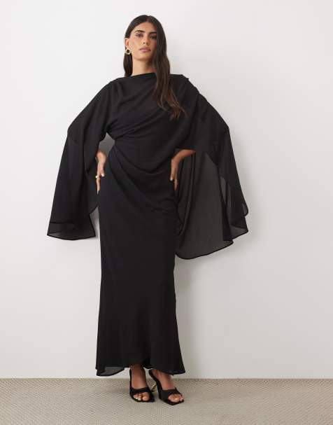 ASOS DESIGN kimono sleeve cape detail draped midaxi with open back in black - view 1