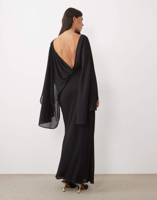 ASOS DESIGN kimono sleeve cape detail draped midaxi with open back in black, 3 of 4
