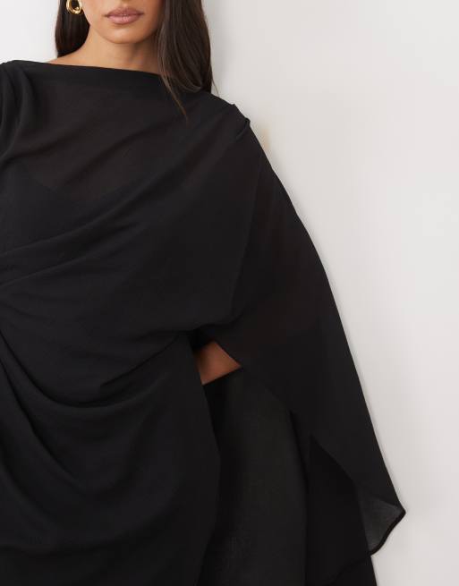 ASOS DESIGN kimono sleeve cape detail draped midaxi with open back in black, 4 of 4