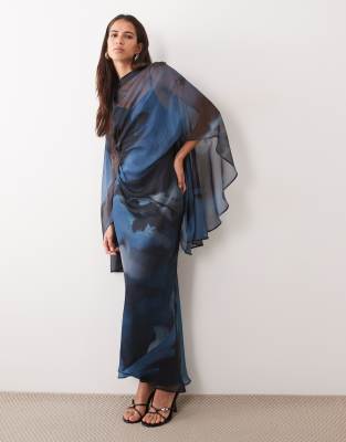 ASOS DESIGN kimono sleeve cape detail draped midaxi with open back in blue & black marble print