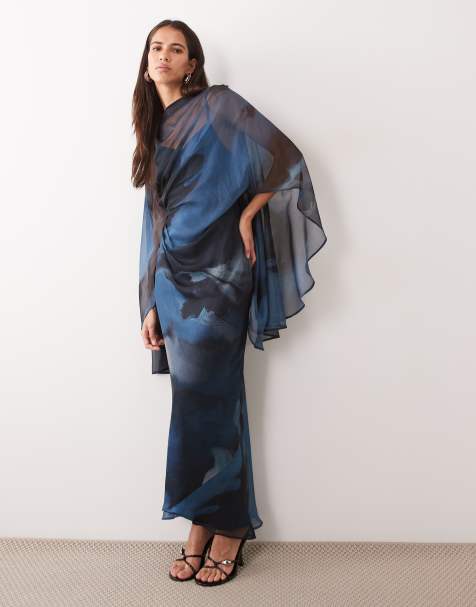 ASOS DESIGN kimono sleeve cape detail draped midaxi with open back in blue & black marble print - view 1