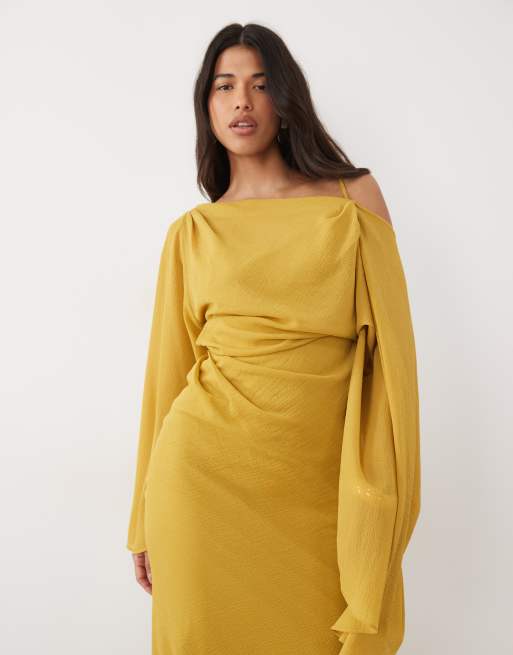 ASOS DESIGN kimono sleeve cape detail draped midaxi with open back in ochre, 3 of 4