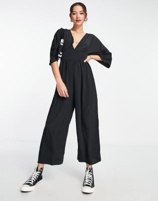 Asos Design Kimono Culotte Jumpsuit In Black In Black