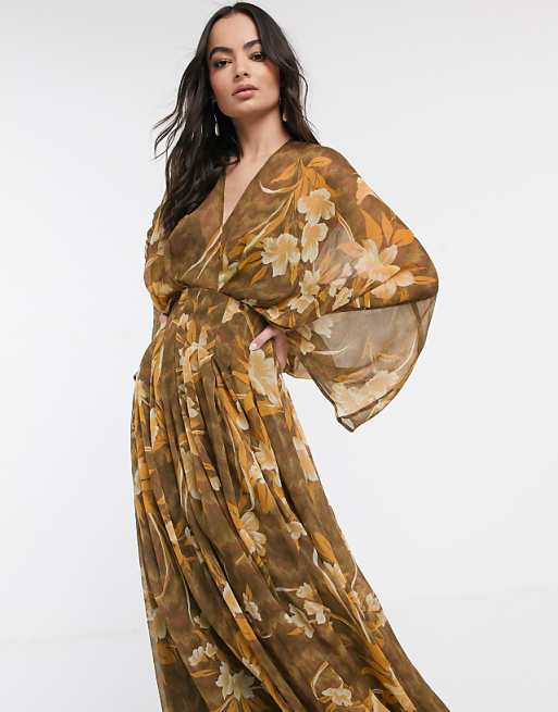 kimono maxi dress Mielle Hansel Floral FUCHSIA-MULT / XS by Sugarlips side slit and liningbump and nursing friendly. ASOS DESIGN kimono sleeve maxi