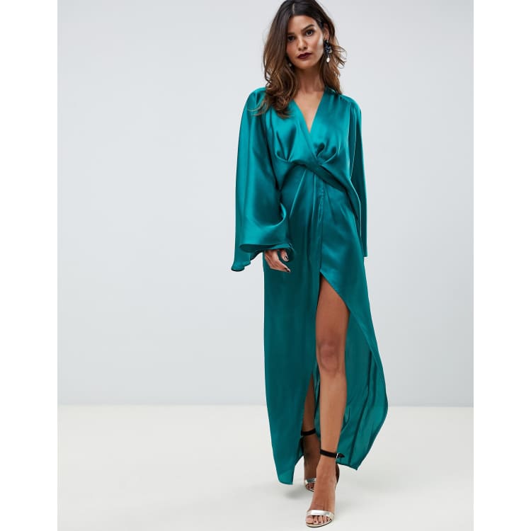 TFNC Bridesmaid kimono sleeve satin wrap midi dress in emerald green