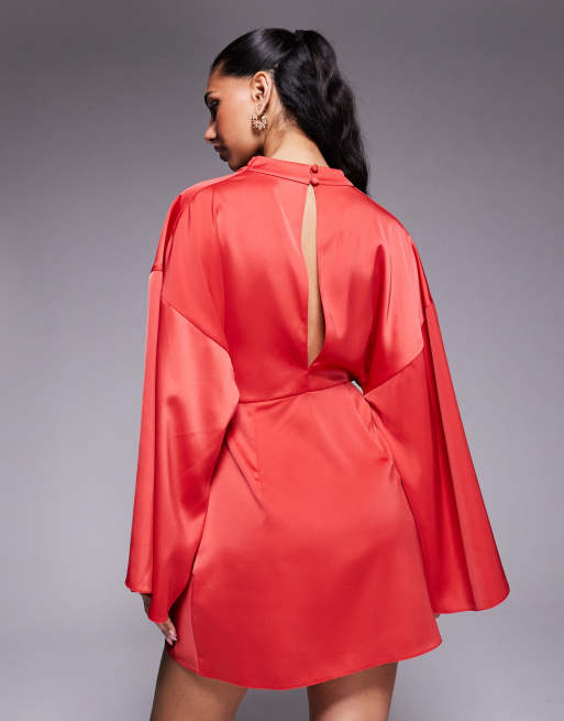 knee length dresses for ladies MITTOSHOP Satin Long Sleeve Cutout Mini Dress in Wine Red – Beach Rose Co main image 0
