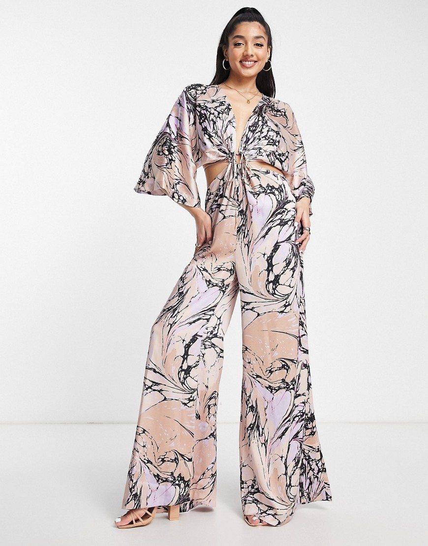ASOS DESIGN kimono sleeve satin jumpsuit in marble print-Multi