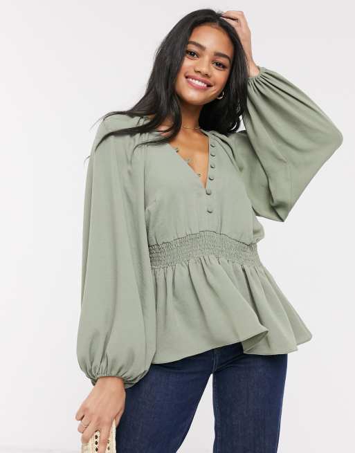 ASOS DESIGN kimono sleeve top with shirred waist in Khaki | ASOS