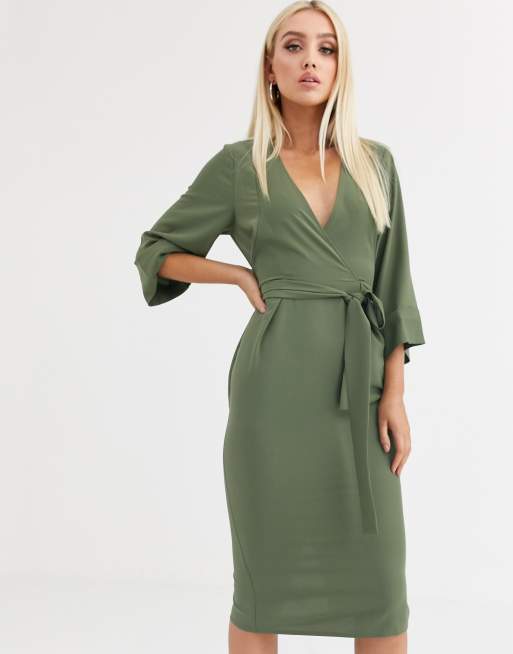 ASOS DESIGN kimono sleeve v neck midi pencil dress in khaki