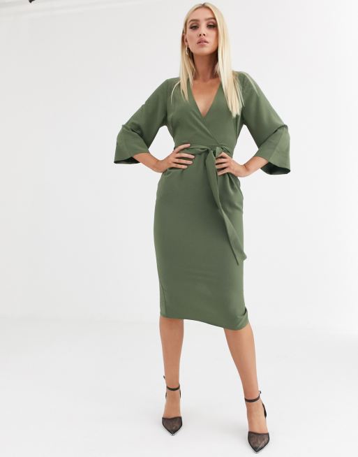 ASOS DESIGN kimono sleeve v neck midi pencil dress in khaki