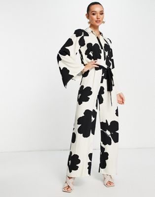 ASOS DESIGN kimono sleeve wide leg jumpsuit in oversized mono floral