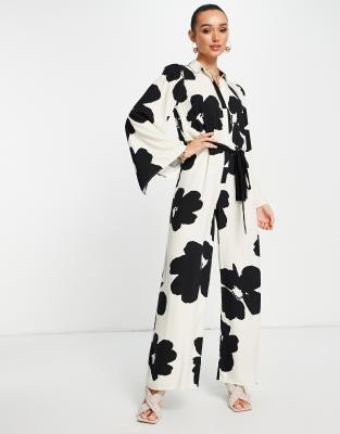 ASOS DESIGN kimono sleeve wide leg jumpsuit in oversized mono floral