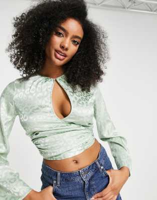 kimono sleeve wrap top with tie in lime jacquard-Green