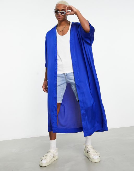 ASOS DESIGN - Kimono taglio molto lungo in raso blu cobalto 