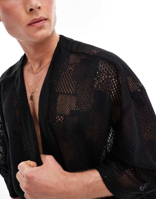 ASOS DESIGN - Kimono van gebreid, gehaakt kant in zwart , 3 van 4