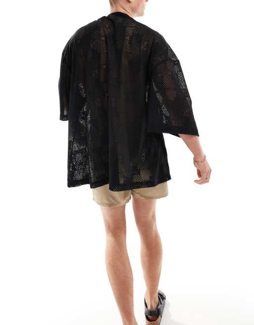 ASOS DESIGN - Kimono van gebreid, gehaakt kant in zwart , 4 van 4