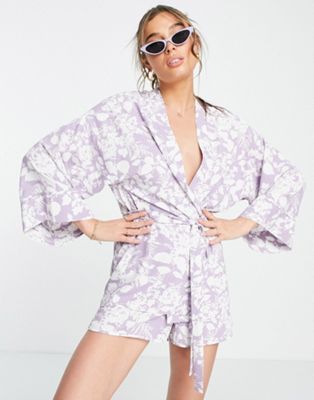 ASOS DESIGN kimono with tie in white & purple floral outline print