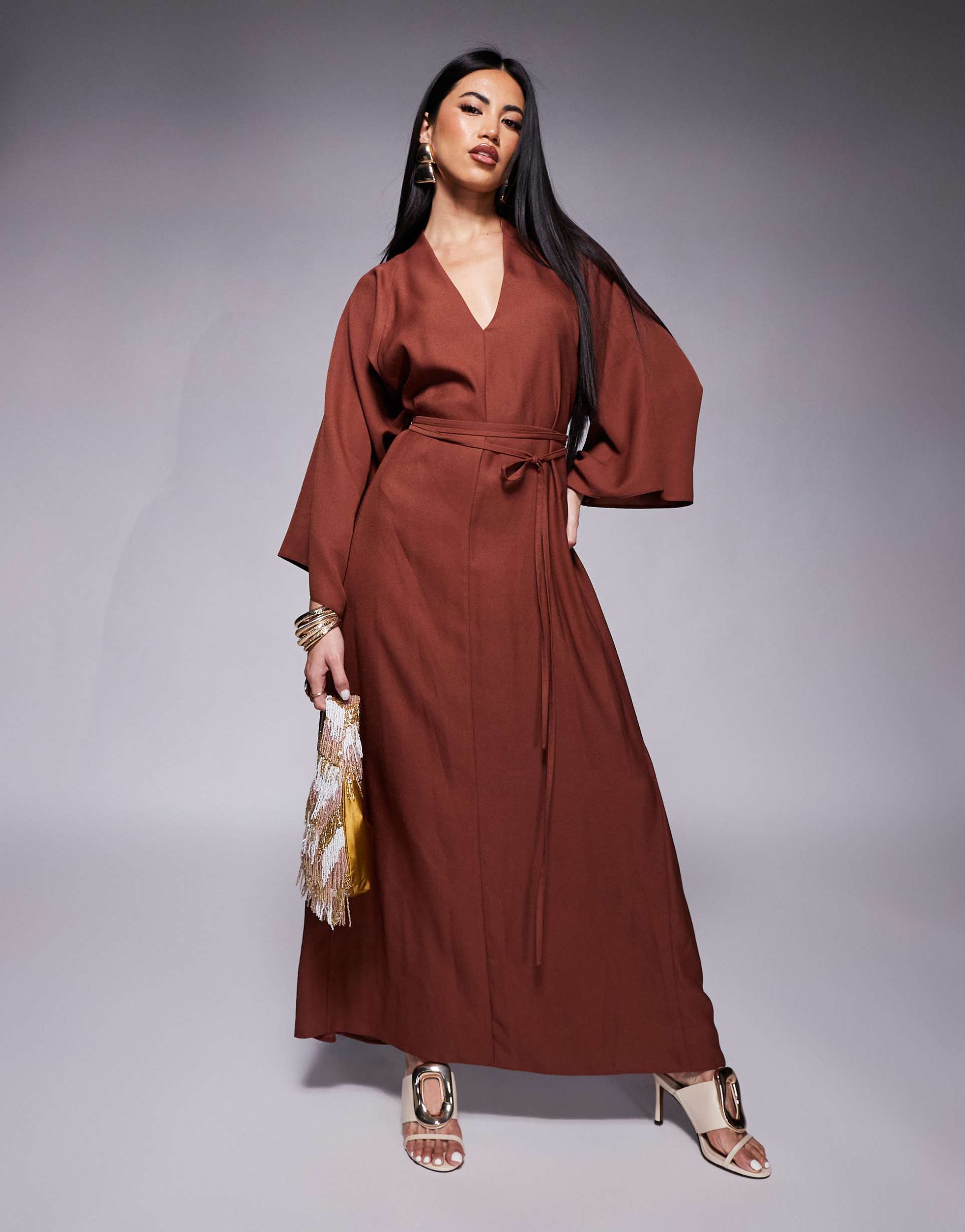 asos design kimono wrap around midi dress in dark brown