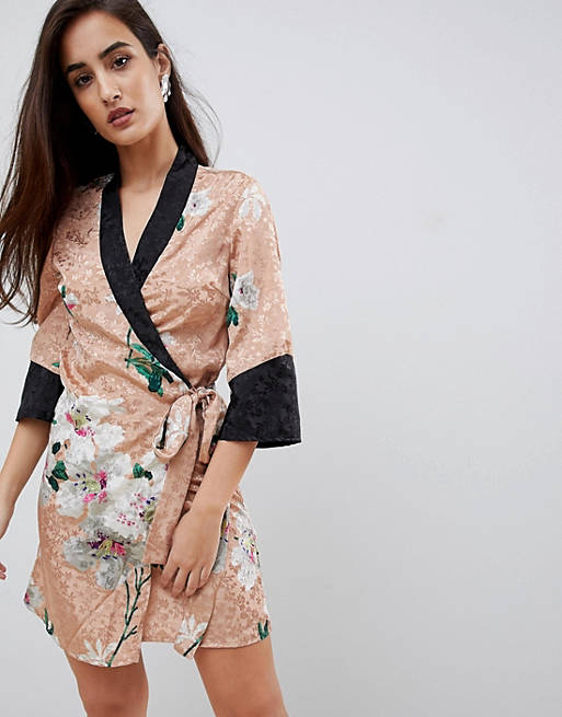 ASOS DESIGN kimono wrap mini dress in floral jacquard print