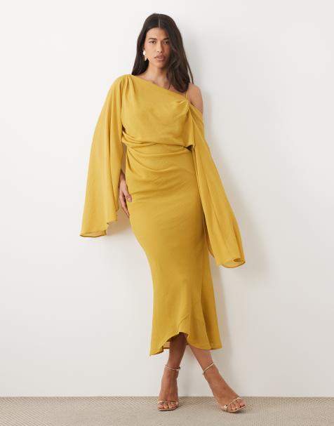 ASOS DESIGN kimonomouw cape-detail gedrapeerde midaxi met open rug in oker - view 1