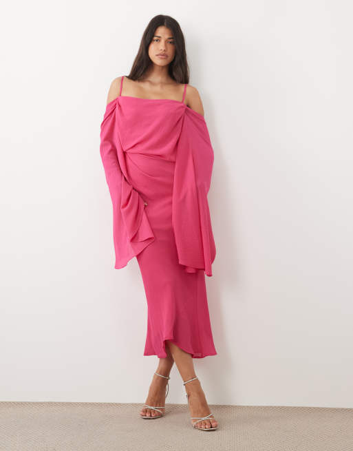 ASOS DESIGN kimonomouw cape-detail gedrapeerde midaxi met open rug in roze, 2 van 4
