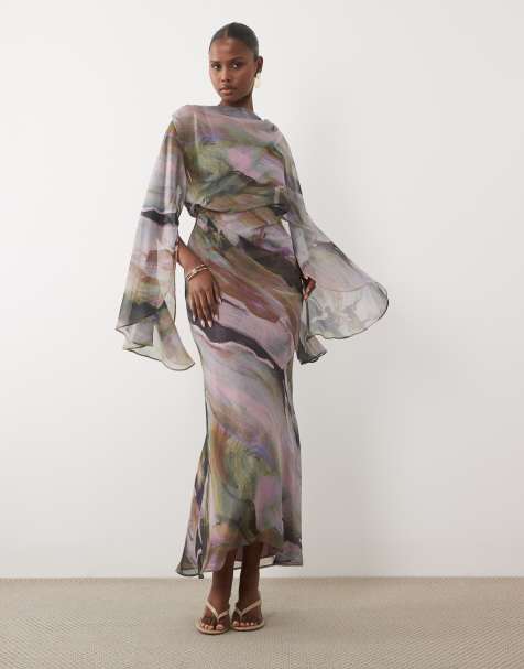 ASOS DESIGN kimonoærme cape-detalje draperet midaxi i abstrakt marmormønster - view 1