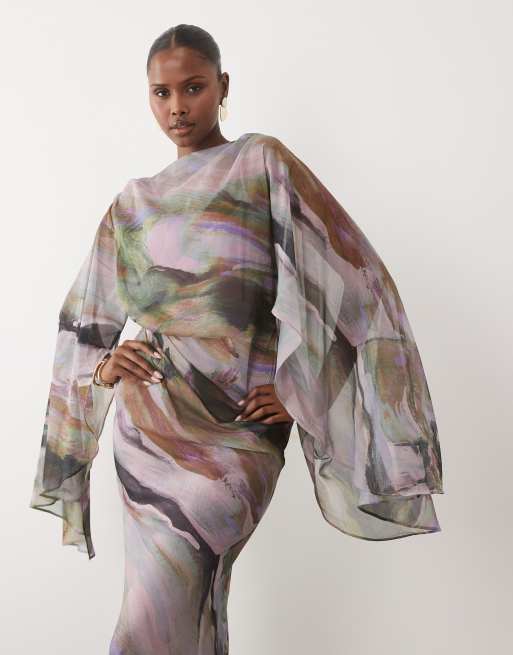 ASOS DESIGN kimonoærme cape-detalje draperet midaxi i abstrakt marmormønster, 4 af 4
