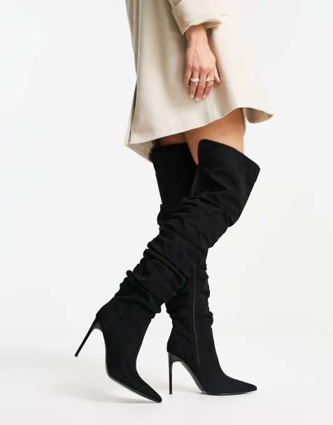 ASOS DESIGN Kingdom heeled ruched over the knee boots in black - view 1