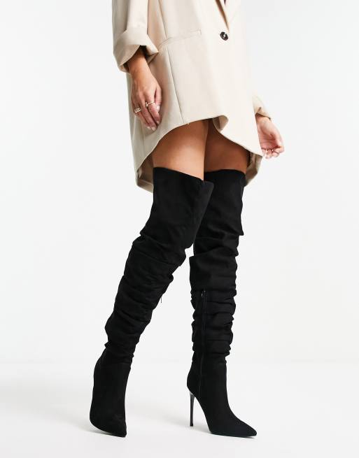 ASOS DESIGN Kingdom heeled ruched over the knee boots in black