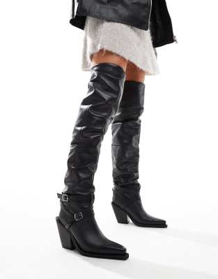 ASOS DESIGN ASOS DESIGN Kingfisher leather ruched over the knee boots with buckles in black