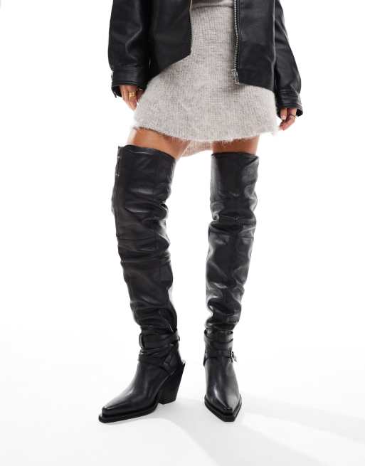 ASOS Design Kingfisher Leather Ruched Over The Knee Boots with Buckles in Black