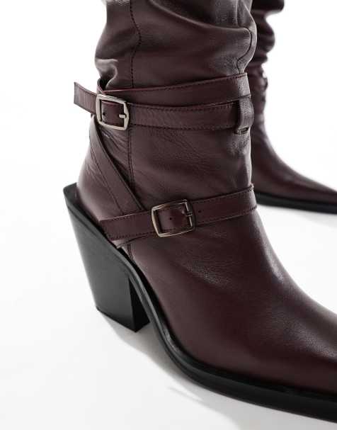 ASOS DESIGN Kingfisher leather ruched over the knee boots with buckles in burgundy - view 1