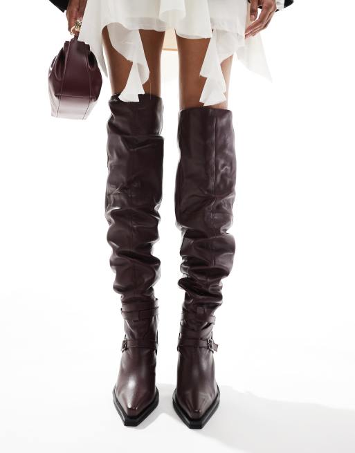 ASOS Design Kingfisher Leather Ruched Over The Knee Boots with Buckles in burgundy Red