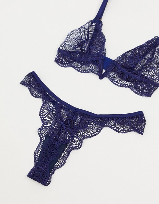 ASOS DESIGN Kinsley lace strappy thong in navy