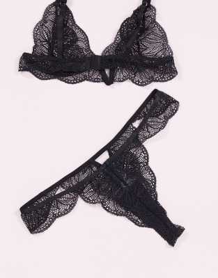 Asos Design Satin Barely There Lace Thong In Black In Purple