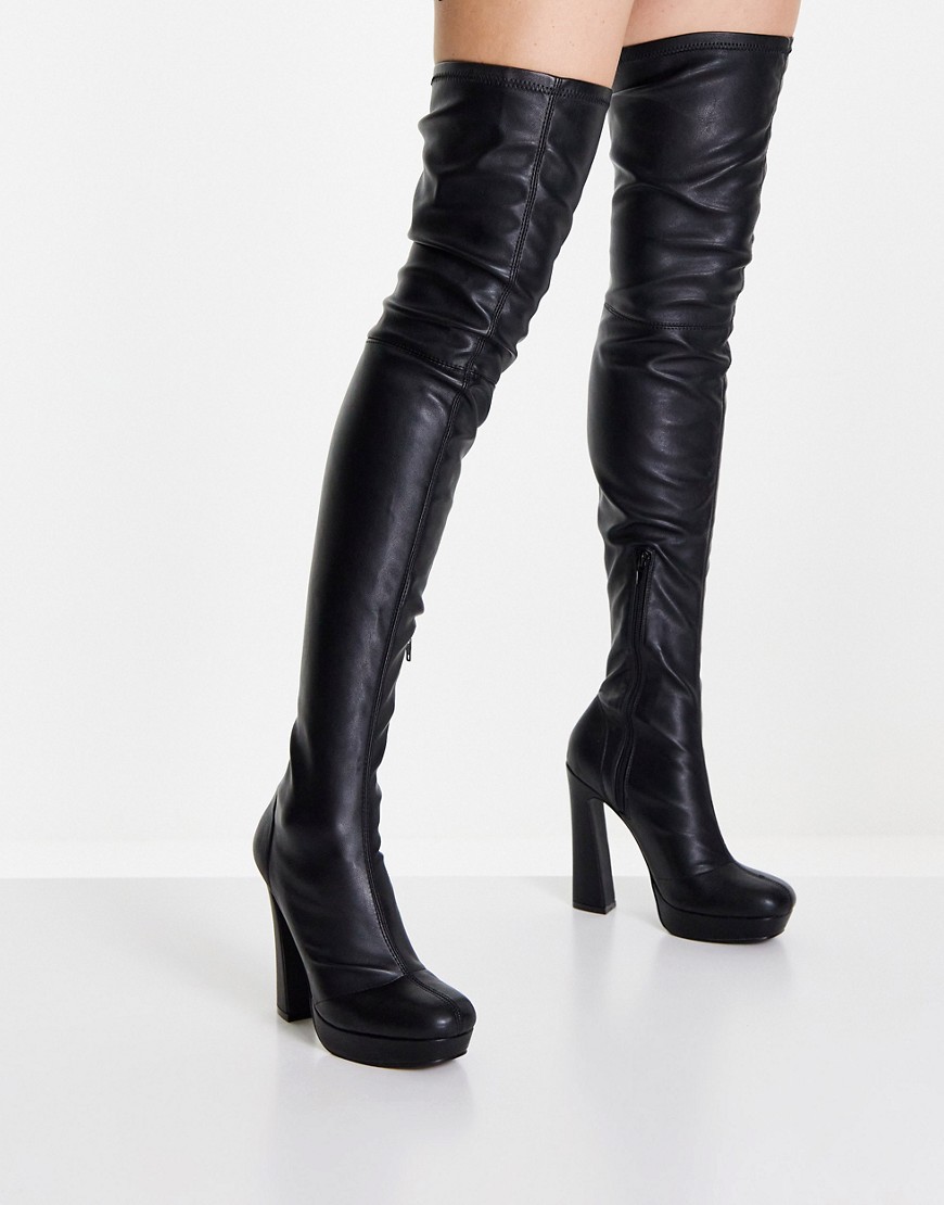 Asos Design Kira High-Heeled Platform Over The Knee Boots In Black