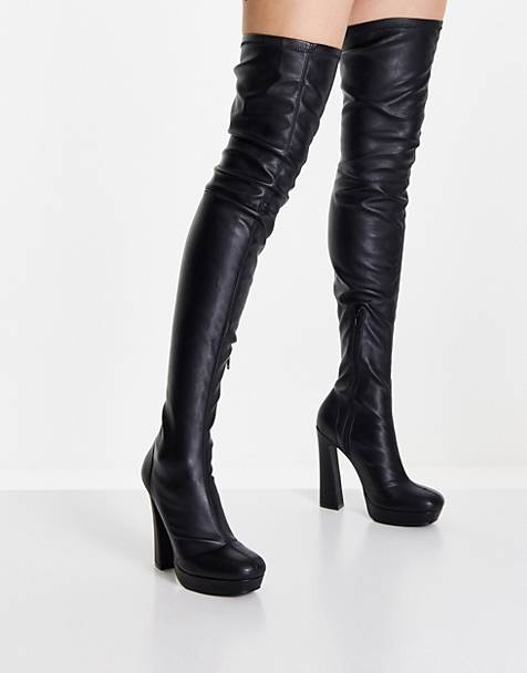 Womens Thigh High Boots Patent Leather Pull On Wedge High Heels Warm Party Shoes 