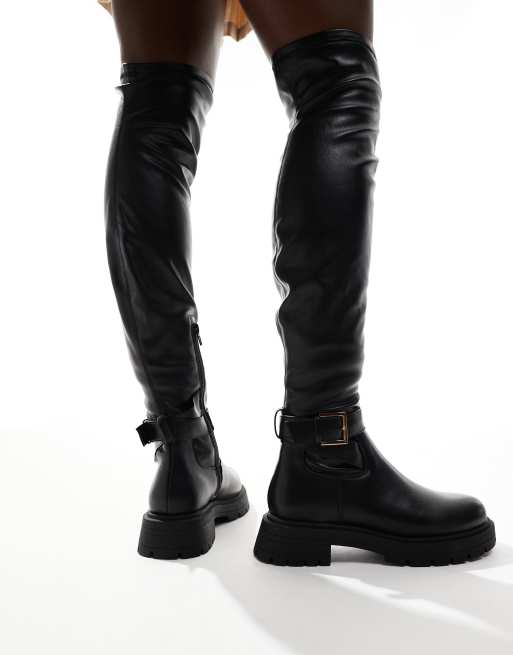 ASOS DESIGN Kirby buckle detail flat over the knee boots in black ASOS