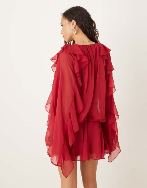 ASOS DESIGN - Kirsebærrød løstsiddende minikjole med kile på hoften og flæseærme, 3 af 4
