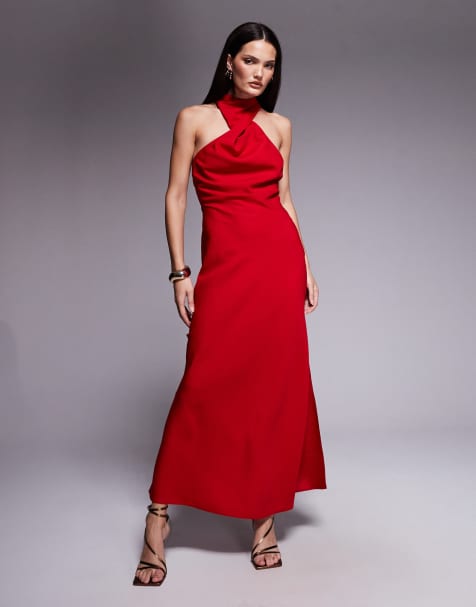 ASOS DESIGN - Kirsebærrød midikjole med snoet hals og metaldetalje - view 1