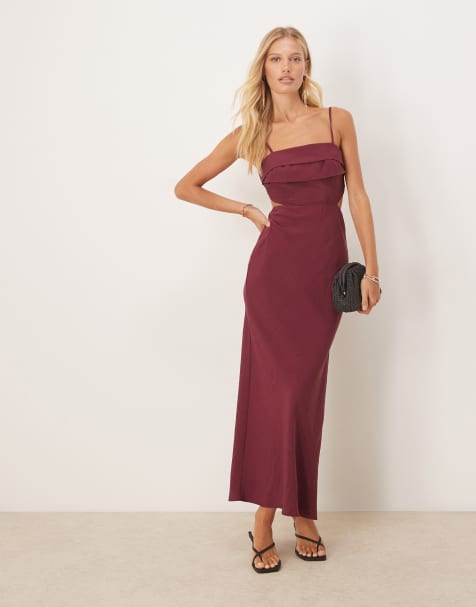 ASOS DESIGN - Kirsebærrød slip-midikjole med foldet detalje på brystet og udskæring - view 1