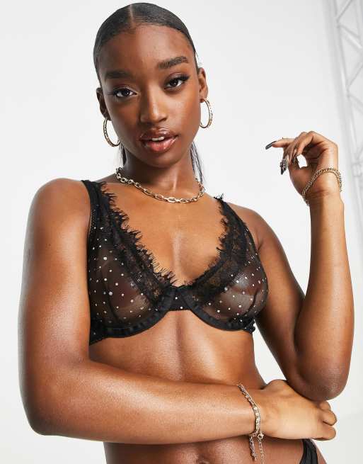 ASOS DESIGN Kitty glitterball underwire bra in black