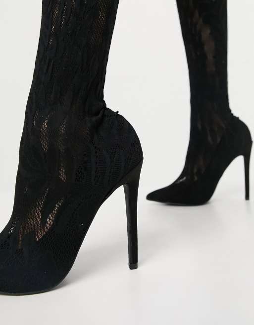 Stivali Donna In Pizzo Con Tacco A Spillo 10 Cm - Classici Al Ginocchio, Punta Elegante, Suola Antiscivolo, Taglia 40 EU