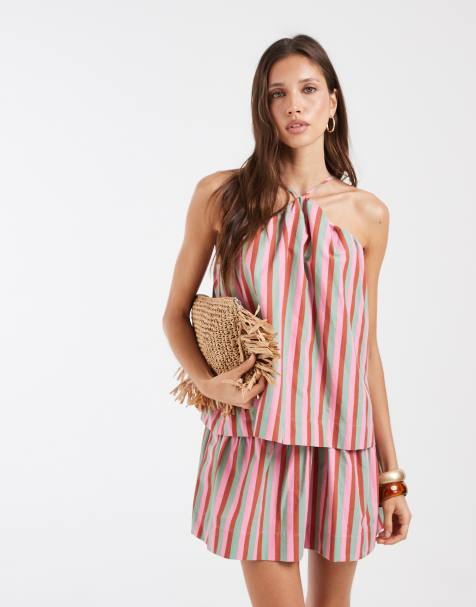 ASOS DESIGN kjole i hørblanding med dobbelt lag, halterneck og stribe - view 1