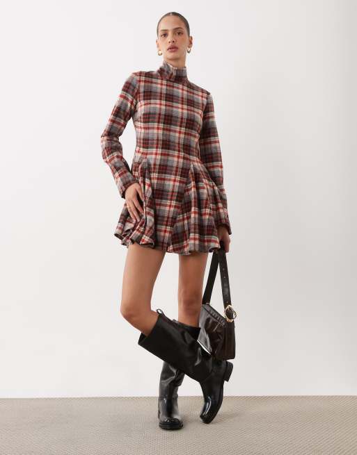 ASOS DESIGN kjole med funnel neck, skræddersyet godet og mini i rødt tern, 2 af 4