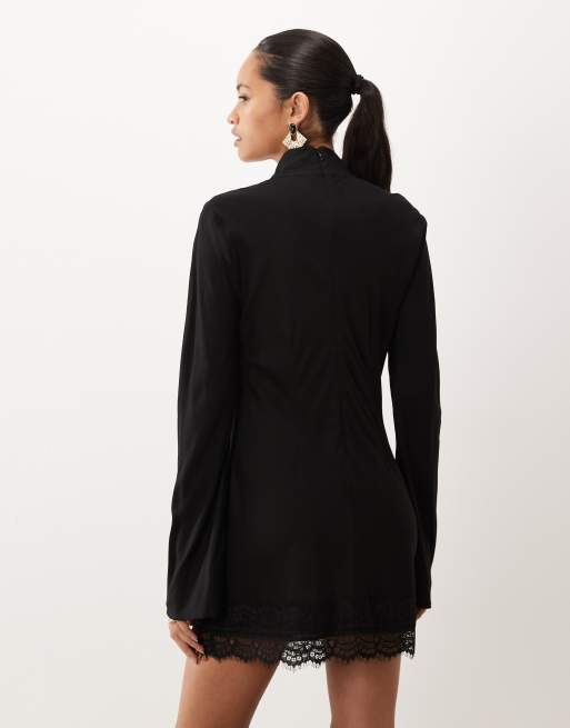 ASOS DESIGN kjole med høj hals, lange ærmer og minilængde med blondkant i sort, 4 af 4