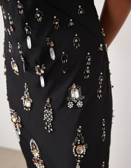 ASOS DESIGN kjole med juvelpynt og v-hals i sort, 2 af 4