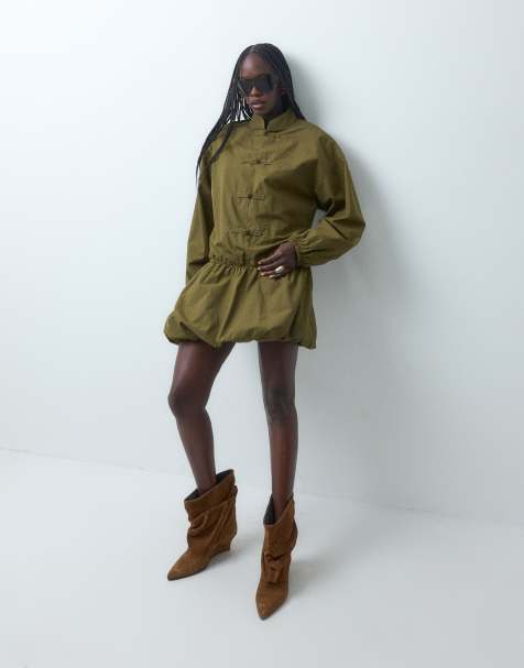 ASOS DESIGN kjole med kinakrave og ballonform i khaki - view 1