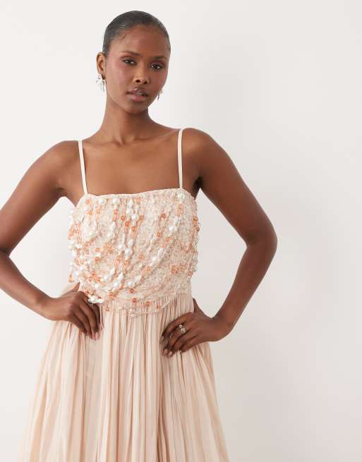 ASOS DESIGN kjole med pyntet overdel og midaxi-længde med bobleskørt i lyserød, 2 af 4
