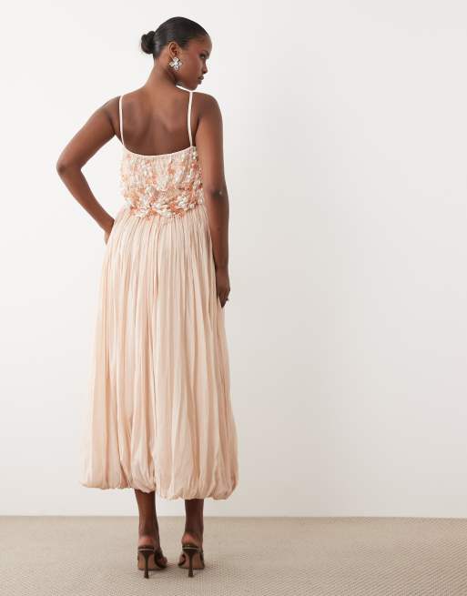 ASOS DESIGN kjole med pyntet overdel og midaxi-længde med bobleskørt i lyserød, 3 af 4